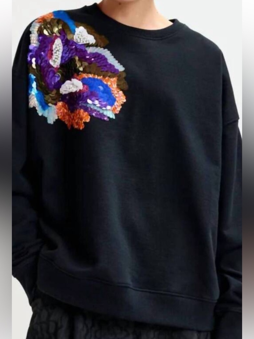Alice + Olivia Black Sweatshirt with Multicolor Sequin Floral Detail